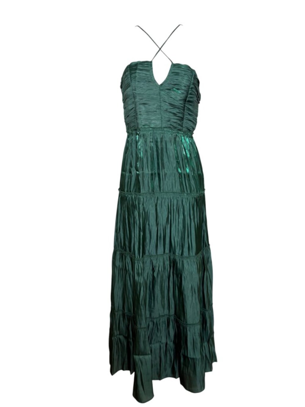 O.P.T. East Dress M Emerald Green Satin Tiered Halter Maxi NWT - Picture 2 of 7